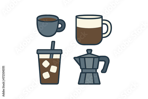 Diverse collection of coffee beverages, featuring hot drinks, refreshing iced coffee, and a traditional Moka pot for brewing