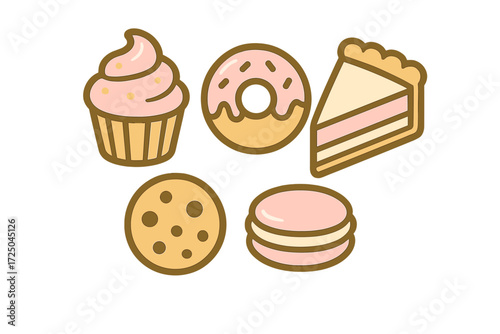 Assortment of sweet baked goods and desserts including cupcake, donut, pie, cookie, and macaron