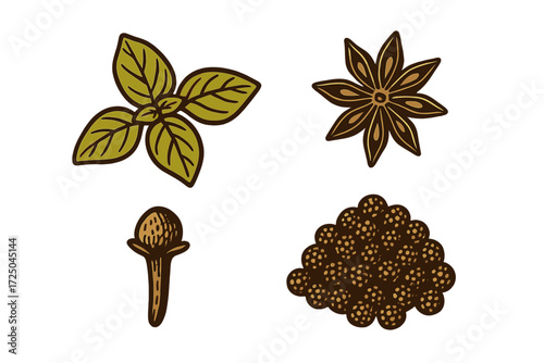 Assortment of culinary ingredients including fresh basil leaves, star anise, whole clove, and black peppercorns