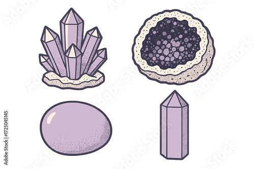 Stylized purple crystal formations and geode rock collection with various gemstone shapes and textures for mystical designs