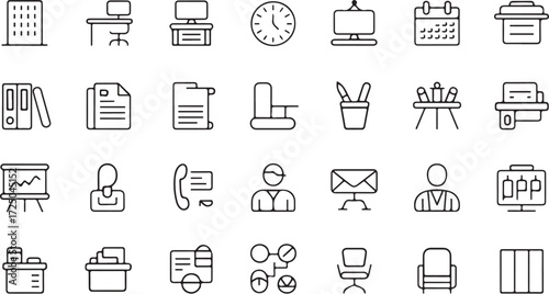 Office Icons Set Building Desk Calendar Clock Computer Envelope Chair and More office building