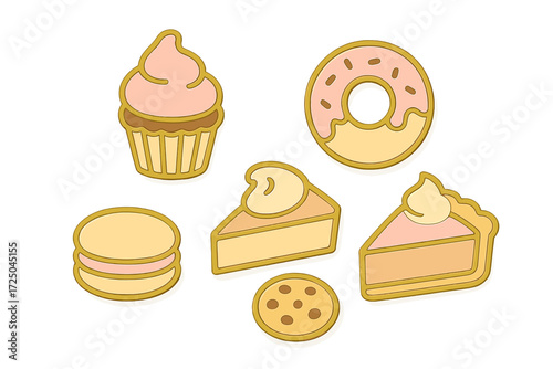 Assortment of sweet baked goods and desserts including cupcakes, donuts, pie slices, macarons, and cookies