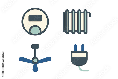 Essential household energy consumption and climate control elements: meter, radiator, fan, power plug