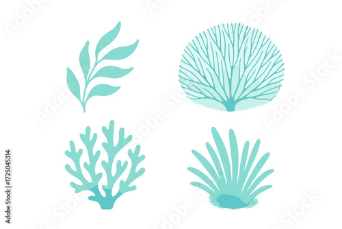 Abstract teal aquatic plants and diverse coral reef elements, with various sea flora on a clean white background