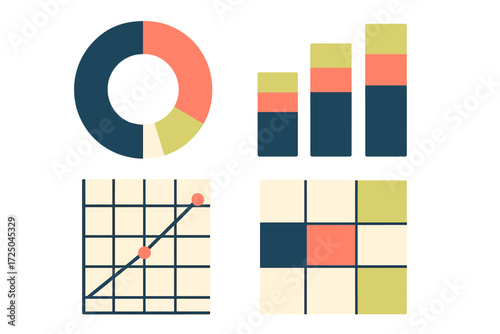 Diverse data visualization charts and graphs for business analytics, financial reporting, and market trend analysis