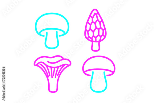 Collection of diverse mushroom outline icons featuring morel, chanterelle, and common fungi in vibrant neon colors