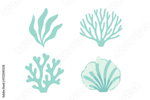 Collection of stylized marine flora and coral elements with a soft watercolor texture on a clean white background