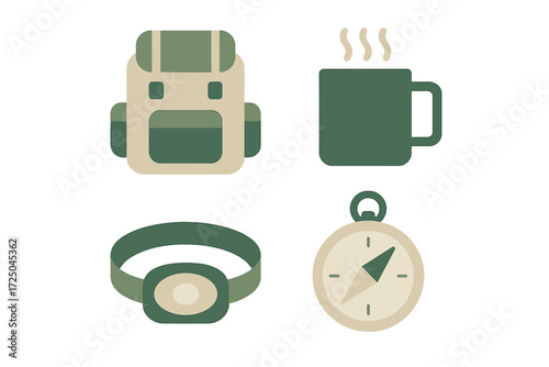 Collection of essential outdoor adventure gear including backpack, steaming mug, headlamp, and compass for wilderness exploration
