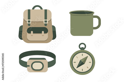 Essential camping and hiking gear set with backpack, mug, headlamp, and compass for outdoor adventures