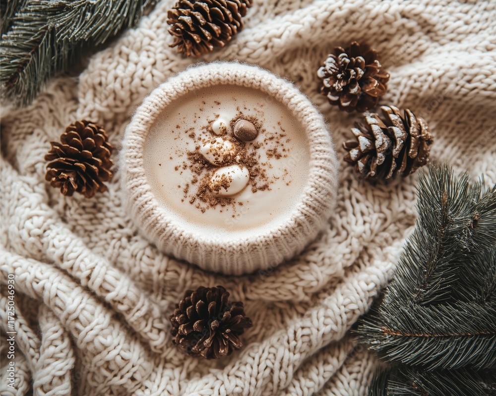 Fototapeta premium Cozy winter sweater laid flat with pinecones and hot cocoa, soft overhead lighting 