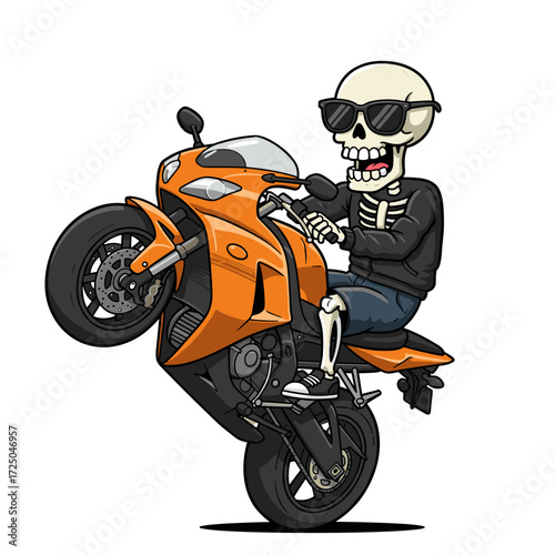 A cartoon skeleton pops a wheelie on an orange motorcycle, rocking shades and a bold outfit for a fun, action-packed vibe.