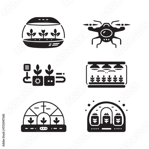 Vector art of assortment of icons depicting futuristic agriculture and space ventures, including drones, astronauts, solar energy, and various types of greenhouses
