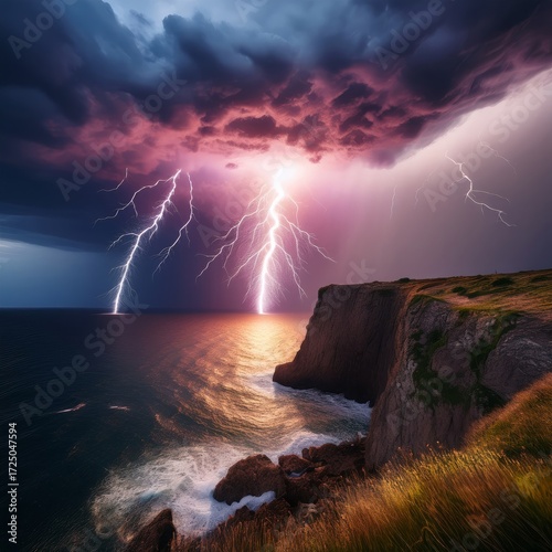 Dramatic Lightning Storm Over the Ocean from Coastal Cliffs, Striking Visuals of Raw Natural Power
