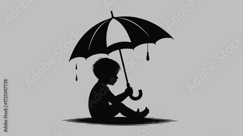 Touching silhouette of child under umbrella, evoking feelings of innocence and protection during a rainy day, perfect for emotional storytelling