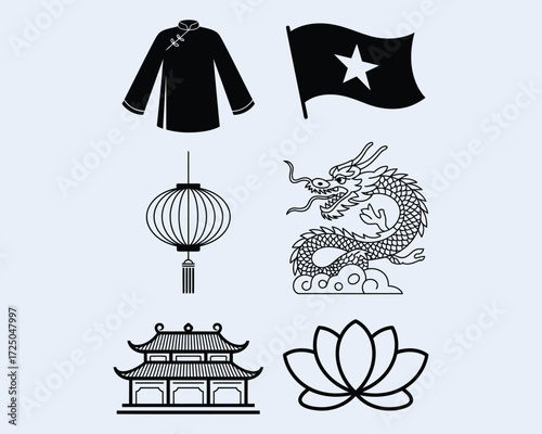 A Collection of Vietnamese Cultural Symbols and Icons A Glimpse into Vietnamese Heritage Depicting Traditional Garments Flags Dragons Temples and Lanterns