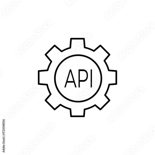Line icon of API integration inside a gear symbol.