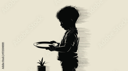 Thoughtful child carefully holding a plate near a small plant, a touching silhouette illustration evoking innocence and growth, ideal for sensitive stories