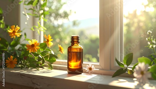Windowsill with essential oil and flowers