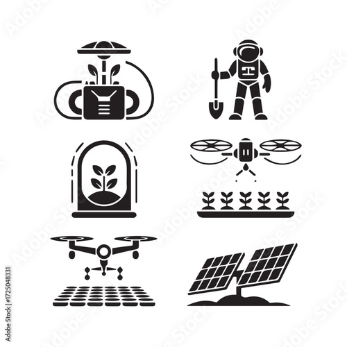 Vector art of collection of icons illustrating advanced farming techniques and space exploration, featuring drones, astronauts, solar power, and controlled environment agriculture