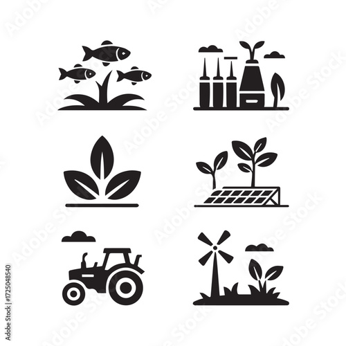 Vector art of collection of icons illustrating modern agriculture and sustainable farming practices, featuring fish, factories, plants, tractors, and windmills