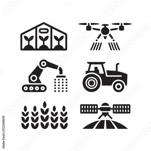 Vector art of collection of modern agriculture icons, including drone, tractor, robot arm, greenhouse, satellite, and crops