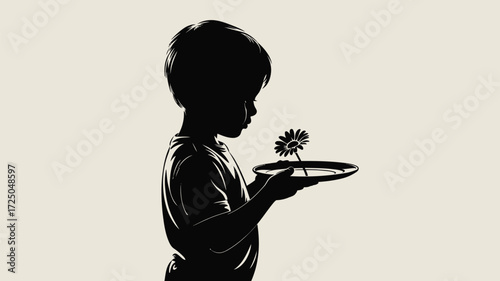Heartwarming silhouette art of a young child tenderly holding a daisy flower on a plate, perfect for designs about innocence, peace, or hope