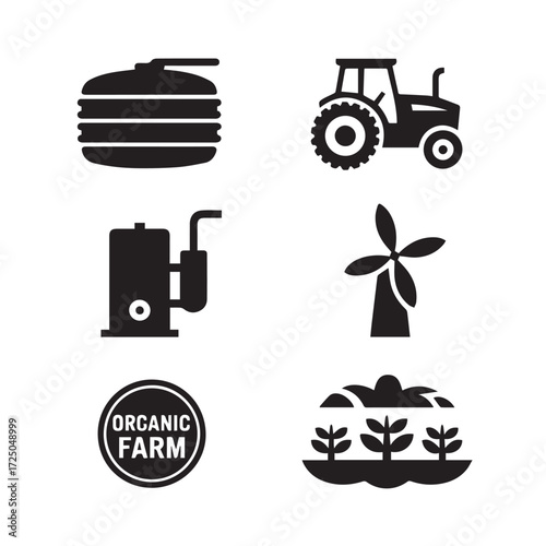 Vector art of collection of six black icons related to farming and organic agriculture, featuring a tractor, water tank, windmill, organic farm label, and crops