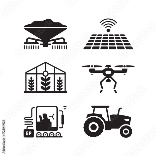 Vector art of collection of smart farming icons including a drone, tractor, greenhouse, and solar panel