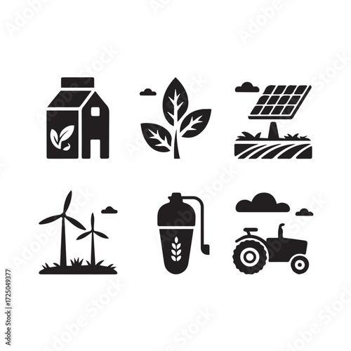 Vector art of compilation of black icons illustrating modern farming, renewable energy, and ecoconscious practices, isolated on a