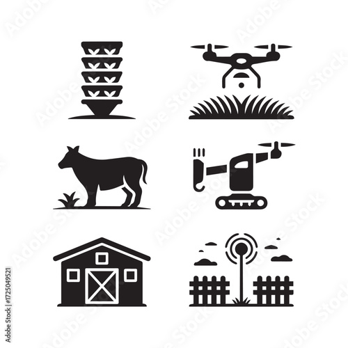 Vector art of compilation of farm technology icons featuring a stacked planter, drone, cow, robotic equipment, barn, and a smart fence with a signal, illustrating agricultural advancements
