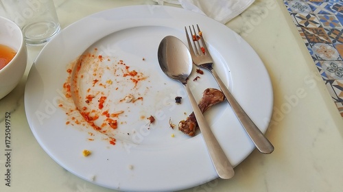 White plate with leftover food, spoon and fork after finishing the meal.