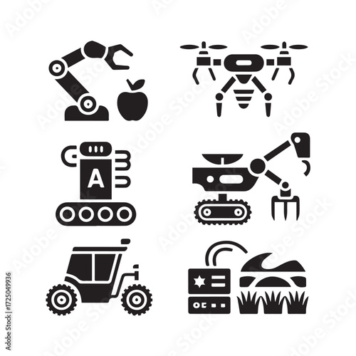 Vector art of group of six black icons depicting advanced agricultural automation, including a robotic arm, drone, autonomous vehicle, and smart farming equipment
