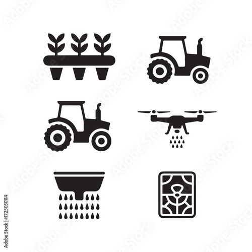 Vector art of set of agricultural icons showcasing advanced farming techniques with seedlings, tractors, a drone spraying, and irrigation system, symbolizing precision agriculture