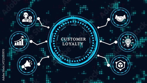 Customer loyalty concept with icons representing customer relationship management, marketing, and business strategy on a dark blue digital background with dots.