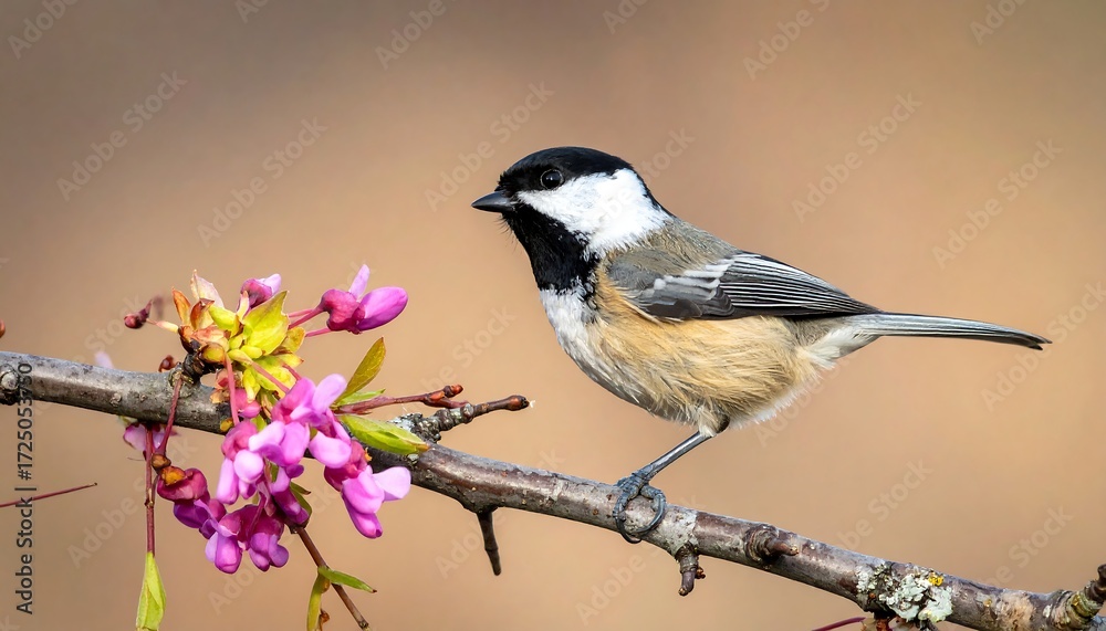 Naklejka premium Cute bird on branch with blossoms