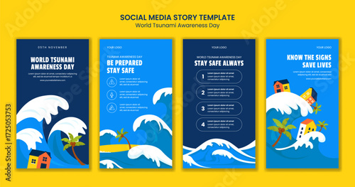 World Tsunami Awareness Day Cartoon Templates Background Illustration for Social Media Stories