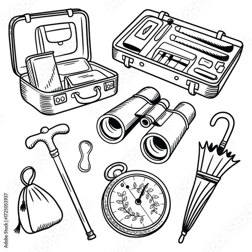Vintage Travel Accessories Collection Sketch suitcase open suitcase