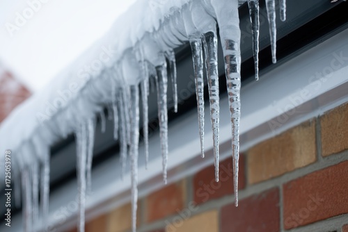 Crystal icicles hang from a house gutter during a cold winter day.