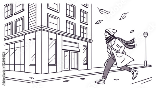 A person in a coat and scarf runs down a city street on a windy day with leaves blowing past.