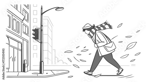 A person bundled in a coat and scarf walks against the strong wind on a city street corner as autumn leaves blow around them.