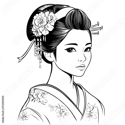 Japanese beauty in traditional kimono, a graceful geisha with a fan illustrating timeless fashion and art