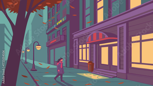 A person walks down a quiet city street on a windy autumn evening as leaves fall from a tree.