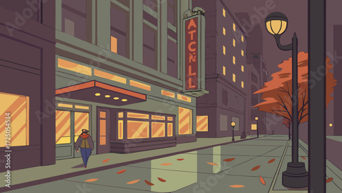 A lone figure walks down a wet city street at dusk, past a theater with illuminated windows and a sign that reads "ATCNLL".