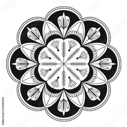 Black And White Mandala With Petal Shapes And Lines On White Background abstract