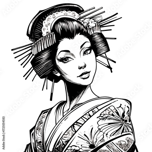 Beautiful Japanese geisha model in kimono with a fan, featuring a face close-up, drawing illustration vector art of her elegant hairstyle, makeup, and lips
