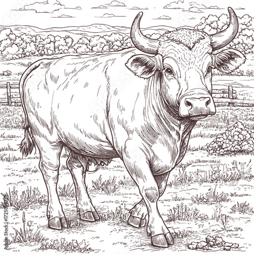 Black and white cow and bull on a farm in a grassy field cartoon vector illustration