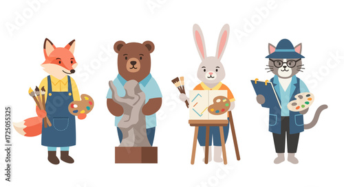 Four anthropomorphic animals, a fox, bear, rabbit, and cat, engaged in artistic pursuits.