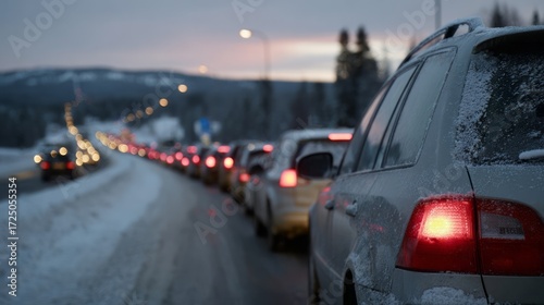 Snow-dusted twilight traffic snake, Nordic winter solstice trek, vehicular symphony of patience, journey under polar twilight whispers