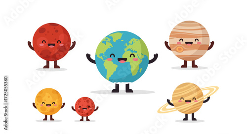 Adorable cartoon planets, Earth, Mars, Jupiter, and Saturn, cheerfully posed together.