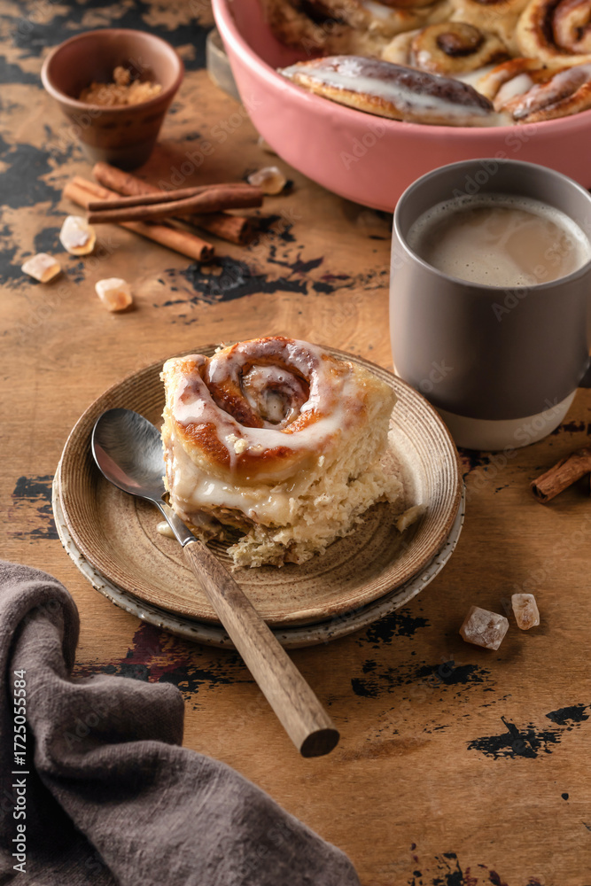 Fototapeta premium Freshly baked cinnabon bun served on ceramic plate and coffee cup on wooden textured background